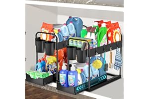 HABOWN Organizador Bajo Fregadero 2 Niveles, Estante Organizador Cocina Debajo Fregadero Deslizable con 2 Cesta Colgante 4 Ganchos, Almacenamiento para Cocina Debajo Baño Cajones, Negro, 2 Paquete
