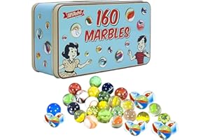 D.A.Y. Republic 160 Assorted Marbles in a Metal Storage Tin Box 3 Assorted Sizes - Fun and Retro Design, Nostalgic Traditional Cat's Eyes, Toys for Indoor and Outdoor Games, Colourful Glass Marbles