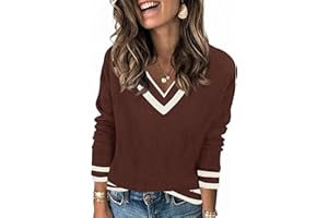 Saodimallsu Damski sweter z długim rękawem, dekolt w serek, sweter z dzianiny, lekki sweter w paski, luźny sweter basic, na jesień i zimę