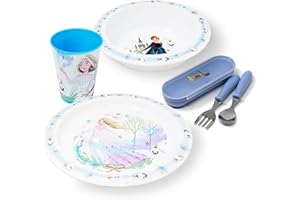 damaloo Frozen - Set di stoviglie con posate per bambini, motivo Anna ed Elsa per bambini, piatti, ciotole, bicchieri e posate, stoviglie per bambini, riutilizzabili e senza BPA