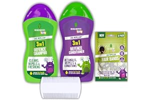 GREAT BRITISH HOME Escenti Kids 3in1 Head Lice Prevention Set - Head Lice Shampoo and Conditioner, Nit Comb and Lice Repellent Hair Bands 8pk
