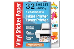 AGODEO Premium Printable Vinyl Sticker Paper - 32 Sheets - Glossy A4 - Waterproof - Laser & Inkjet Vinyl Sticker Paper - Printable Sticker Paper - for Cricut