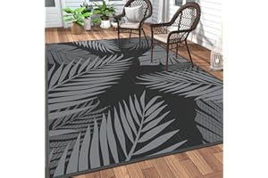 GENIMO Outdoor Rug Garden Rugs Outdoor Waterproof Reversible Washable UV Resistant Carpet Modern Large Area Rugs for Patios, Garden, RV, Picnic, Backyard, Balcony, 180x275cm, Black & Grey
