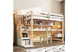Merax Lit Mezzanine 90 x 200 cm, avec Grand Bureau et Escaliers de Rangement, Lit Enfant avec Étagères de Stockage, pour Garçon et Fille, Blanc et Bois (sans Matelas)