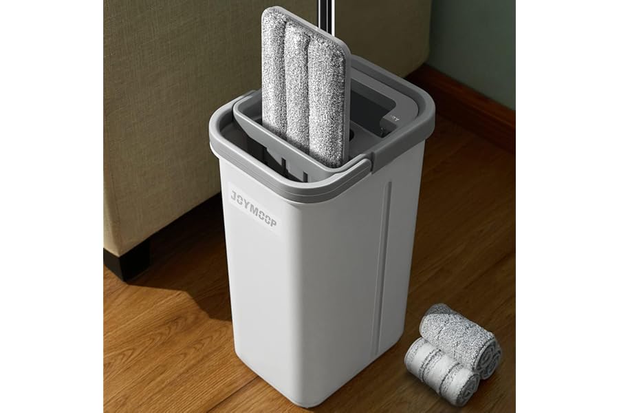 JOYMOOP Mop and Bucket with Wringer Set, Hands Free Flat Floor Mop and Bucket, with 3 Washable Microfiber Pads, Wet and Dry Use, Floor Cleaning System