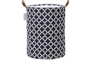 Sea Team Marokkanisches Gittermuster Wäschekorb Leinwand Stoff Wäschekorb Faltbarer Aufbewahrungsbehälter mit PU-Ledergriffen und Kordelzugverschluss, 17,7 x 13,8 Zoll, wasserdicht innen