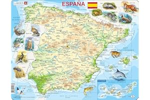 Larsen K84 Mapa Físico de España, edición en Español, Puzzle de marco con 58 piezas