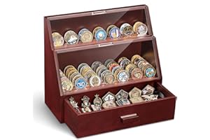 Emfogoo Espositore monete, in legno con porta monete da sfida militare con acrilico HD e cassetti, 13 file vetrina militare monete per 100 medaglie militari, per collezionisti di monete