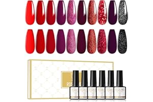 ROSALIND Semipermanente Unghie Rosso 10 Colori Smalti Semipermanenti per Unghie Nero Fucsia Rosso Scuro Glitter Smalto Semipermanente Gel Nail Polish Soak Off UV LED, 8ml