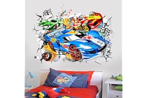 wondever Large 3D Racing Car Wall Stickers Vehicles Break Through Peel and Stick Wall Art Decals for Boys Room Kids Bedroom Playroom
