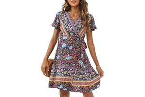 Svanco Vestiti Boho Floreale Stampa Abito Corto Donna Estate Maniche Corte Spiaggia Scollo a V Vestito Abito a Portafoglio Effetto ad A