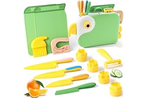 Yeeammk 13PCS Toddler Knife Set with Playful Bird Organizer, Montessori Real Cooking Tools for Kids with Safe PP Material for Educational Fun (Green)