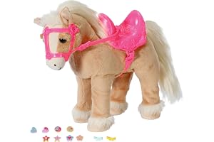 BABY född, dockhäst, BABY född My Cute Horse, interaktiv häst med löpning och ljudfunktion, plysch, rosa sadel och träns samt pins för dekoration, 840627 tapp skapelse