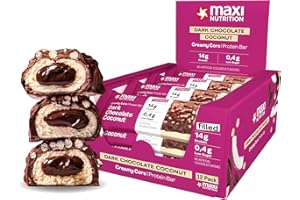 MaxiNutrition Barritas proteicas Creamy Core Bar sabor chocolate negro y coco, 12 x 45 g, 32% de proteína (14 g por barrita), bajo en azúcar (1 g), sin azúcares añadidos, sin aromas artificiales.