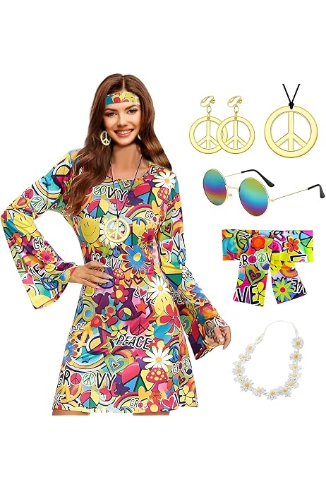 Hippie-Kostüm Damen Set – Poncho, Stirnband, Accessoires Für 60er/70er Jahre Party