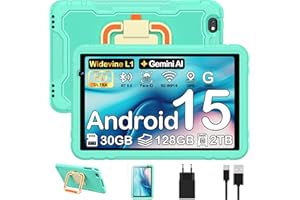 JUEDUR Android 15 Niños Tablet 10 Pulgadas Gemini AI, 30GB RAM+128GB ROM, Control Parental, 8000 mAh, 8-Core, 5MP+8MP, 5G Wifi6, Protective Antichoque Eva Estuche Protector + Soporte giratorio de 360°(Verde)