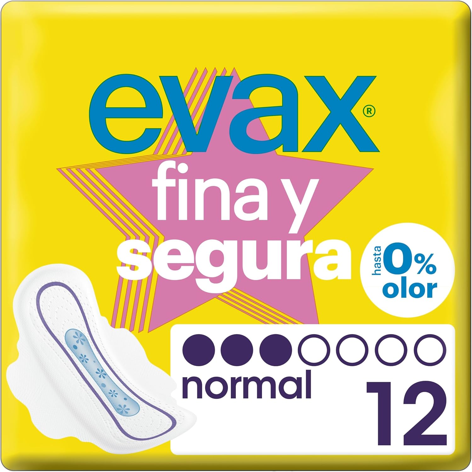 Evax Fina y Segura Compresas con Alas, Normal, 12 Unidades, Hasta 0% Olor