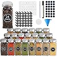 MahMir® 24 Pcs Spice Jars with Labels - 4 oz Glass Spice Jars with Metal Lids, 120 Labels Stickers, Shaker Lids, Collapsible Funnel, 2 Pens, Seasoning Storage Bottles for Spice Rack, Cabinet, Drawer