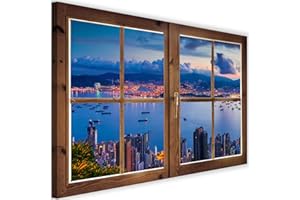 Feeby Cuadro de Pared XXL 3D Ventana Vista Impresión Lienzo Bahía Ciudad Azúl 120x80 cm