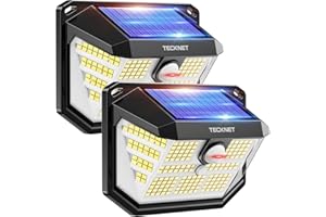 TECKNET Lampe Solaire Extérieur, 231 LEDs, Projecteur Solaire avec Éclairage à 300°, Lampe Murale Étanche IP65, 3 Modes, avec Détecteur de Mouvement, pour Jardin, Patio et Garage - Pack de 2