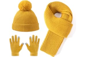 Lallier 3-teiliges Kinder-Set mit Mütze, Schal und Schneehandschuhen, Winter Strickmütze, warme, weiche Pom-Pom Mütze für Jungen, Mädchen und Kleinkinder