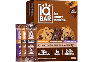 IQBAR Brain and Body Plant Protein Bars - Chocolate Lovers Variety - 12-Count Low Carb - Gluten Free, High Fiber, Vegan Snacks - Low Sugar Meal Replacement