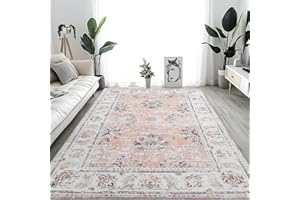 TOPICK Różowy dywan 90 x 150 cm, do salonu, nadaje się do prania, super cienki dywan w stylu vintage, krótkie runo, długi dywan, do kuchni, sypialni, salonu, dziewczynki, kwiatowa, antypoślizgowa,