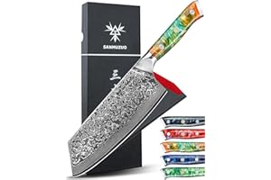 SANMUZUO Damas Couteau Nakiri avec Lame 19 cm Professionnel Couteaux de Cuisine en VG-10 67 Couche Damas Acier avec Poignée en Résine(Orange Fantastique) - Xuan Série