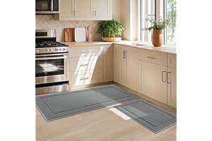 JSEI Non-Slip Kitchen Mats, Self Adhesive No Sliding Kitchen Rugs Set of 2, Soft Washable Absorbent Floor Rugs for Area Rug, Kitchen, Entrance, Bathroom, Bedroom, 51x81cm+51x122cm, Light Grey