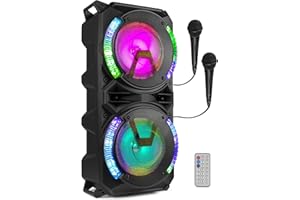 Fenton LIVE280 Enceinte Karaoke LED 2X 8”, 900W Max, 2 Microphones, Trolley et roulettes, Eclairage LED en Façade on/Off, USB et Micro SD, AUX, Connexion Bluetooth 5.0, sur Batterie ou Secteur