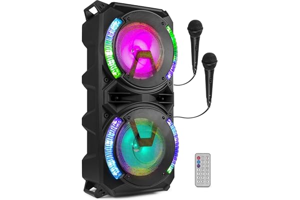 Fenton LIVE280 Enceinte Karaoke LED 2X 8”, 900W Max, 2 Microphones, Trolley et roulettes, Eclairage LED en Façade on/Off, USB et Micro SD, AUX, Connexion Bluetooth 5.0, sur Batterie ou Secteur