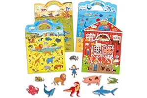 D-FantiX Lot de 4 Livres d'autocollants réutilisables, Jouets pour Enfants de 2, 3, 4 Ans, garçons et Filles, Tout-Petits - Dinosaures Animaux Autocollants 3D, Jouets éducatifs Cadeaux d'anniversaire