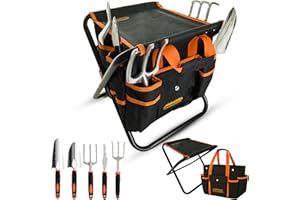 GardenHOME Set di attrezzi da giardino, set di attrezzi da giardinaggio da 7 pezzi, con sgabello pieghevole resistente e borsa per attrezzi da giardino rimovibile, regalo per donne uomini e bambini