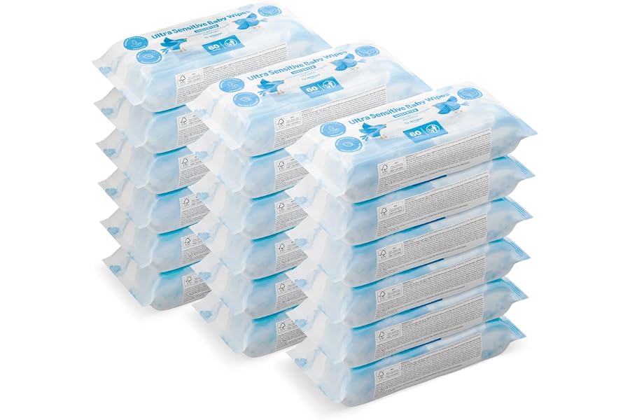 by Amazon Ultrasensitive Babyfeuchttücher, 100% pflanzliche Fasern, 99% Wasser, 1080 Tücher, Unparfümiert, 18 Packungen à 60 