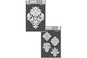 CrafTreat Flourish Stencils for Furniture Painting Vintage - Brocade Stencil and Damask Designs (2Pcs) - Size: 8.3X11.7 Inches (A4) - Damask Pattern Stencil for Crafts Reusable