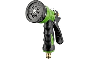 GardenMate Premium Green/Black Metal Multi-Spray Gun with 8 Spray Patterns – solid brass male connector fits all standard garden hoses