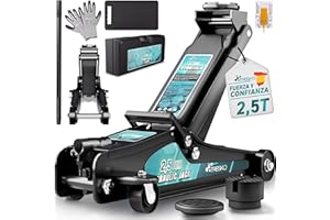 TRESKO Gato hidráulico de 2,5T altura de elevación 85-385 mm con maletín | Gato hidráulico auto plano para coche - Ruedas de 360° con 2 almohadillas de goma, estera de rodilla, guantes, cuchillo