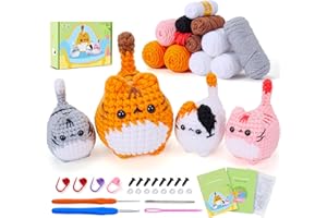 AUSPICIOUS BEGINNING Kit de ganchillo para principiantes, kit de ganchillo para adultos y niños, kit completo de ganchillo con tutoriales en video paso a paso, kit de 4 piezas de ganchillo para gatos, kit de animales de