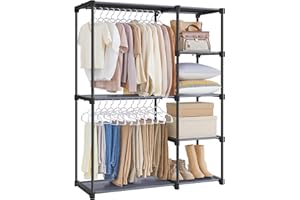 SONGMICS Freestanding Wardrobe, Foldable Closet, Coat Rack with Clothes Rails, Clothes Rack, Open Storage Wardrobe, Storage Organiser, Cloakroom, Bedroom, 43 x 112 x 165 cm, Grey RYG024G02