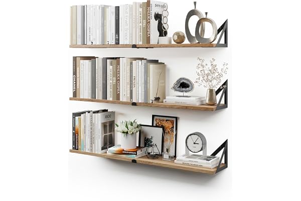 CASSA NOKO Étagères murales suspendues pour Le Mur, Lot de 3, étagère bibliothèque pour Chambre à Coucher, Salon, Bureau, Salle de Bain, Cuisine, Bois Rustique avec Support métallique (Naturel Grand)