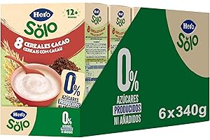 HERO BABY Hero Solo Papilla 8 Cereales con Cacao, Sin Azúcares Añadidos, Rica en Fibra y Vitaminas, Sabor Natural para Bebés, a partir de 12 meses