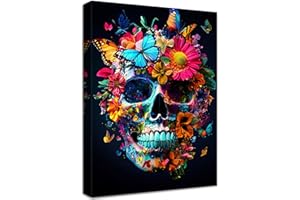 HALFLEMART Fiori di Crisantemo e Teschio Quadri Moderni Farfalle Colorate Blu Scheletro Nero Stampa su Tela Con Cornice Pittura Quadri su tela Decorazioni da Parete Soggiorno Camera da Letto Corridoio 40x60cm