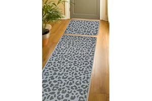 Modern Style Rugs Animal Print Grey Runner and Mat Pack. Indoor, Kitchen, Hallway, Utility Area Non-slip washable matting, 57x180cm