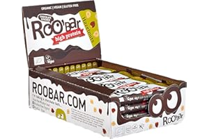 Roobar Barra de Avellana Rica en Proteínas Cubierta de Chocolate - Barra vegana 100% orgánica para una nutrición óptima. Sin lácteos ni gluten, sin azúcar refinado añadido, barras de 16 x 40 g