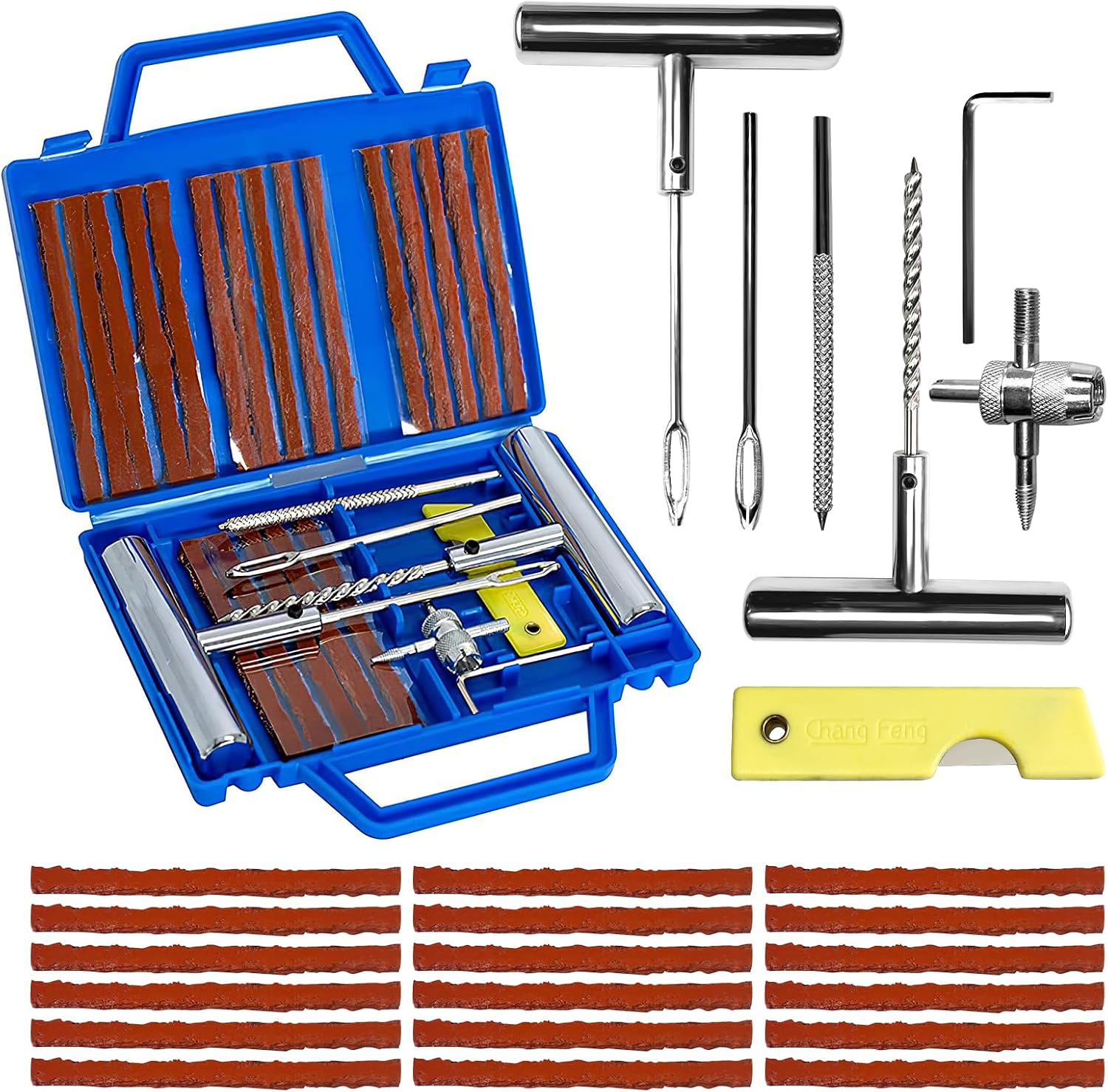 27PCS Kit Repara Pinchazos para Coche/Moto/Caravana, Kit antipinchazos neumático, Arreglar pinchazos en 3 Minutos, Mechas + Accesorios completos, Compacto para Maletero, Fácil Uso sin Experiencia