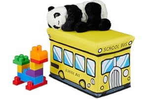 relaxdays Baule Portagiochi, Ceste Portaoggetti, Contenitore con Coperchio Imbottito, Bambini, 27 x 40 x 25 cm, Giallo, Pannelli MDF, PVC, gommapiuma, School Bus, 1 pz