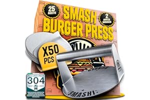 SMASHI BURGER SMASHI® Pressa per Hamburger Premium in Acciaio Inox 304 | Smash Burger Press + 50 Fogli Antiaderenti per Hamburger | Schiaccia Hamburger per Piastra Smash Burger | La Vera Pressa Smash Burger