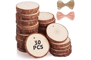 RUNMKUO Tranches de Bois Naturel 30 Pcs 7-8cm avec Corde de 20 mètres, Tranches de Bois Naturel Convient pour Decoration Noel Bois, Marque Place Mariage,Bricolage Cadeau décoration