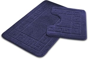 VELVETIO Bath Mat Set 2 Piece Machine Washable for Bathroom, Jacquard Greek Non Slip Quick Dry Shower Rugs & Bathtub Mats, Highly Water Absorbent 100% Polypropylene Toilet Rug Sets, Navy