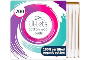 Lil-Lets Cotton Wool Buds, Certified Organic, 100% Pure Cotton Wool Tips, Durable Paper Stems, Plastic Free Cotton Buds, Dermatologically Tested, Pack of 200